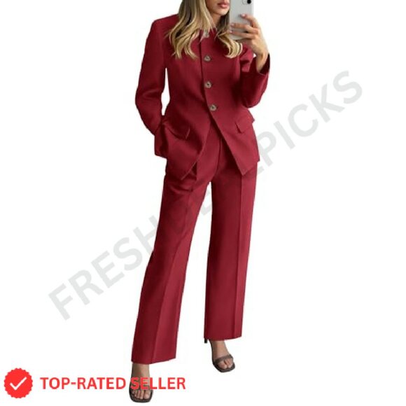 Long Sleeve Blazer Wide Leg Pant Suit Set Business Casual Elegant Minimal - Picture 2 of 8